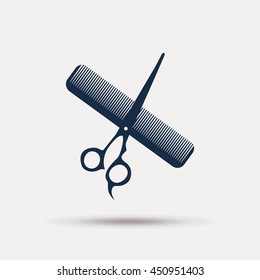 barber shop icon, scissors and comb in blue color  over gray color backdrop