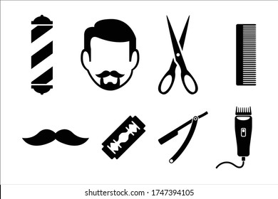 Barber shop icon with scissors, razor, hairstyle, mustache, revolving barber shop, battery, comb And the composition in the barber shop