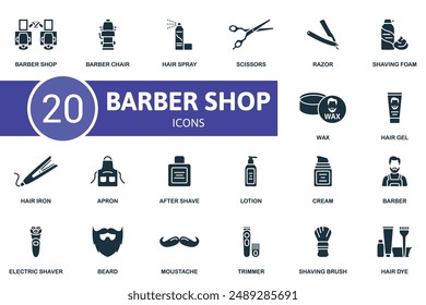 Barber Shop icon set. Barber Shop, Barber Chair, Hair Spray, Scissors, Razor, Shaving Foam, Wax, Hair Gel, Hair Iron, Apron icons and more