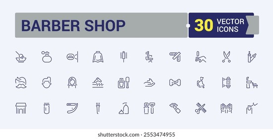 Barber Shop icon set. Contains such icons as comb, accessory, grooming routine, brush, hairdryer, haircut, styling and more. Minimalistic web and UI icons. Editable stroke.