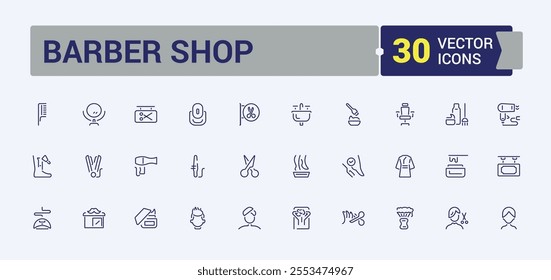 Barber Shop icon set. Contains such icons as comb, accessory, grooming routine, brush, hairdryer, haircut, styling and more. Minimalistic web and UI icons. Editable stroke.