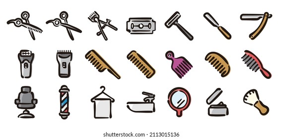 Barber shop icon set for graphic (Hand draw color version)