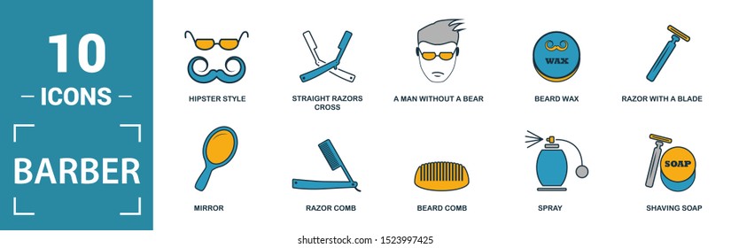 Barber Shop icon set. Include creative elements scissors, foam brush, straight razors cross, towel, mirror icons. Can be used for report, presentation, diagram, web design.