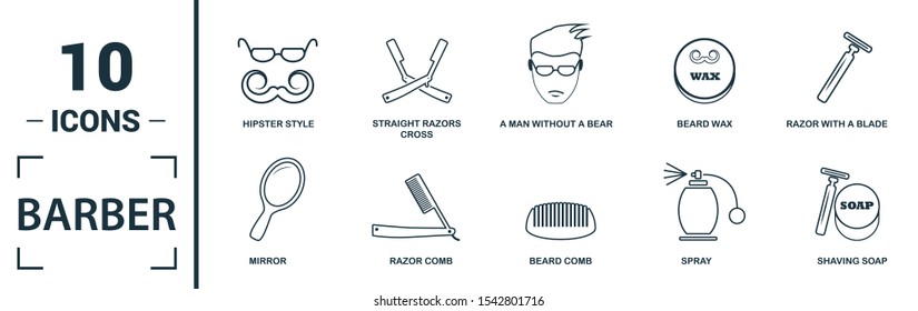 Barber Shop icon set. Include creative elements scissors, foam brush, straight razors cross, towel, mirror icons. Can be used for report, presentation, diagram, web design.