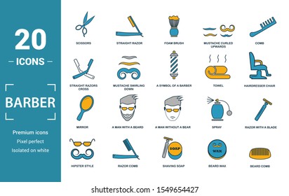 Barber Shop icon set. Include creative elements scissors, foam brush, straight razors cross, towel, mirror icons. Can be used for report, presentation, diagram, web design.