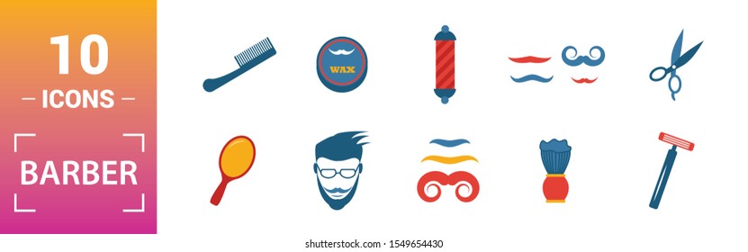 Barber Shop icon set. Include creative elements scissors, foam brush, straight razors cross, towel, mirror icons. Can be used for report, presentation, diagram, web design.