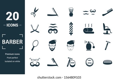 Barber Shop icon set. Include creative elements scissors, foam brush, straight razors cross, towel, mirror icons. Can be used for report, presentation, diagram, web design.