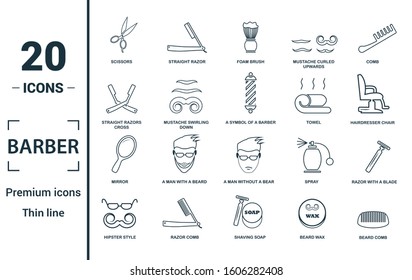 Barber Shop icon set. Include creative elements scissors, foam brush, straight razors cross, towel, mirror icons. Can be used for report, presentation, diagram, web design.