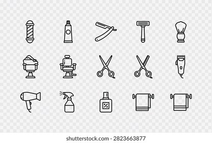 Barber shop icon set including barber pole, cream, razor, shaver, brush, chair, scissors, thinning shears, clipper, hair dryer, spray, lotion, and towels