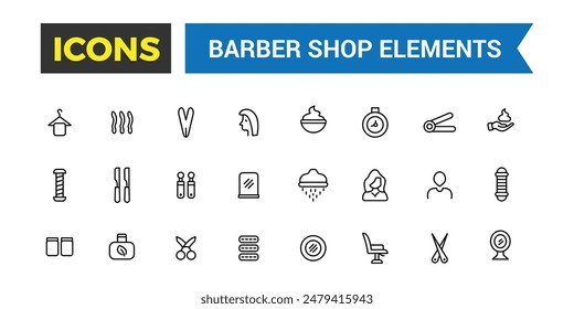 Barber shop icon set. Outline icons pack. Editable vector icon and illustration.
