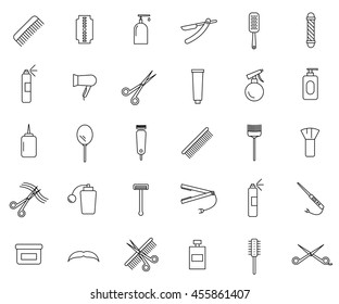 Barber shop icon set, outline thin line isolated vector sign symbol, hairdressing tools on white background