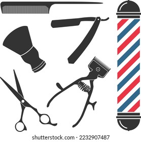 barber shop icon set with scissors, razor, comb, manual clipper and shaving brush, vector illustration