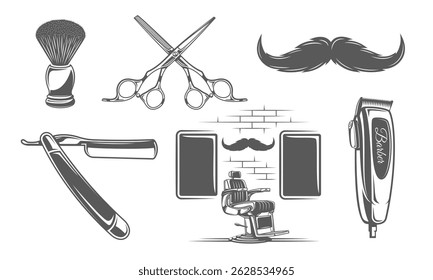 Barber shop icons pole, retro chair, shaving brush, razor and shop accessories for professional barbershop design. Vector illustration