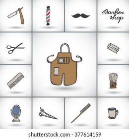 Barber shop icons set. Hand-drawn cartoon hairdressing stuff - razor, brush, scissors, apron, blade, barber pole. Doodle drawing. Vector illustration. 