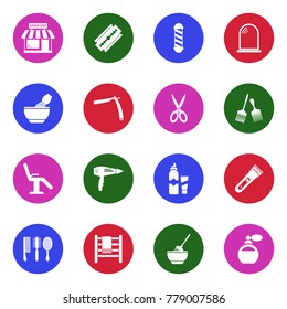 Barber Shop Icons. White Flat Design In Circle. Vector Illustration. 