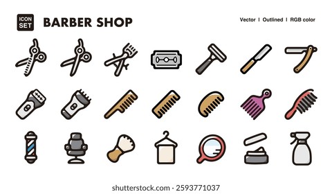 Barber shop illustration icon set.Simple vector outlines, clipart for graphic design.