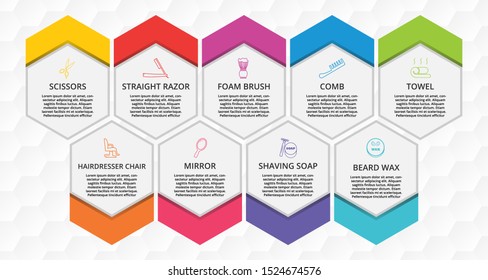 Barber Shop Infographics vector design. Timeline concept include scissors, straight razor, foam brush icons. Can be used for report, presentation, diagram, web design.