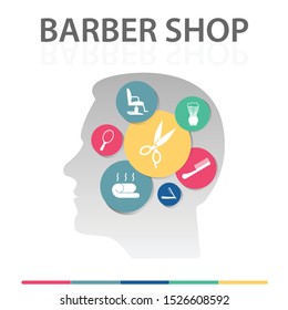 Barber Shop Infographics vector design. Timeline concept include scissors, straight razor, foam brush icons. Can be used for report, presentation, diagram, web design.