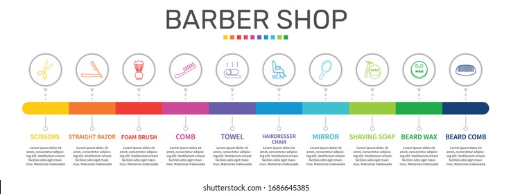 Barber Shop Infographics Vektorillustration Design. Das Timeline-Konzept umfasst Scheren, Rasiermesser, Schaumpinselsymbole. Kann für Bericht, Präsentation, Diagramm, Web-Design verwendet werden.