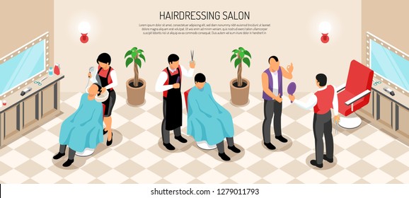 Barber shop with interior elements hair dressers and customers of male salon isometric horizontal vector illustration