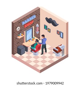 Barber shop interior. Hairdressing stylish room with chairs and washbasins professional worker items razor hairbrush garish vector barbershop isometric illustration