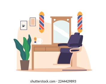 Barber Shop Interior, Men Salon with Chair, Desk, Mirror and Poles. Male Barbershop Beauty Parlor in Trendy Hipster Style. Haircut Master Working Place. Cartoon Vector Illustration