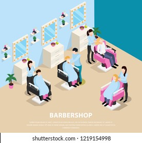 Barber shop isometric composition with customers sitting in chairs and masters during hair work vector illustration