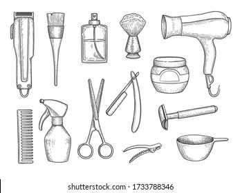 Barber shop items. Scissors comb razor beauty shave salon hair cut accessories vector hand drawn set