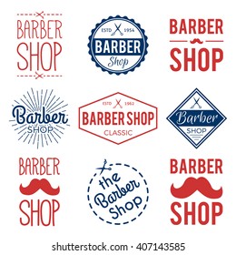 Barber shop Label Badge set with mustache, scissors, lighting rays. For hipster haircut salon barbery signage, prints and stamps.