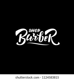 Barber shop lettering. Brand logo prit for t-shirt. Hand made lettering for a stickers, print materials, banners, posters, signboard, logotype, card, label,  badge, emblem. Vector. Black background