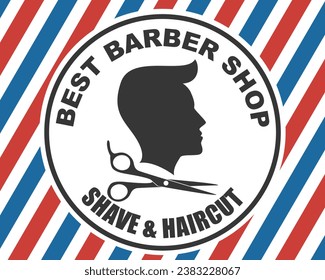 Barber shop lettering logo, badge, label. Design logo template. Handsome man with scissors and text in circle. Vector illustration.