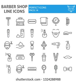 Barber shop line icon set, hairstyle symbols collection, vector sketches, logo illustrations, hair care signs linear pictograms package isolated on white background, eps 10.