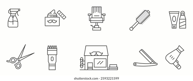 Barber Shop line Icon Set. Trimmer, comb, clipper, facial, moustache . Vector Illustration