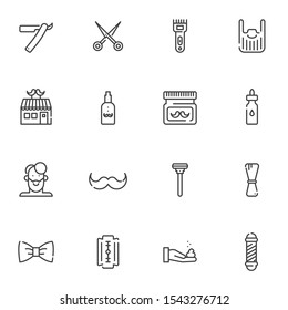 Barber shop line icons set. linear style symbols collection, outline signs pack. vector graphics. Set includes icons as razor, scissors, moustache balsam, shaving machine, shave cream, hairdresser