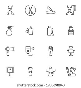 Barber shop line icons set. linear style symbols collection, outline signs pack. Hairdressing salon vector graphics. Set includes icons as scissors, hair clipper, shave razor, mustache balsam bottle