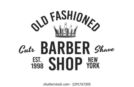 Barber Shop logo with crown. Trendy retro style logo, insignia, label or sign. Vintage poster of barber shop. Black and white. Vector illustration