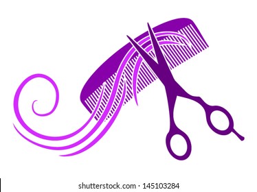 barber shop logo design in purple - comb hair and scissors