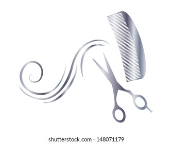 barber shop logo design in silver - comb hair and scissors