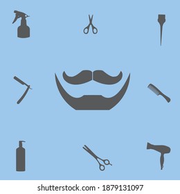 Barber shop logo design vector illustration. Beard, mustache and hair on blue background icon. Barbershop scissors, comb, razor,
hairdryer, spray, shampoo, 
tassel.