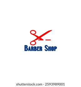 The "BARBER SHOP" logo features a simple red scissors icon and bold, blue text, effectively conveying a classic and professional barbering service.