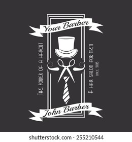 Barber shop logo or hairdresser vintage label design, mustache, scissors, tie and top hat hipster emblem for business card of the hair salon