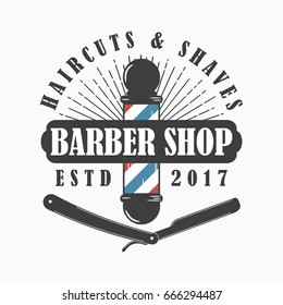 Barber Shop logo. Hairdressing salon template emblem with barber pole, straight razor and sunburst. Vector illustration.