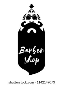 Barber shop logo, handsome barber, fashion beard and mustache man, scissors, barber shop symbol, sign, hipster stuff. Vector illustration.