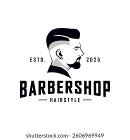 Barber shop logo with handsome man with stylish haircut. Vector illustration.