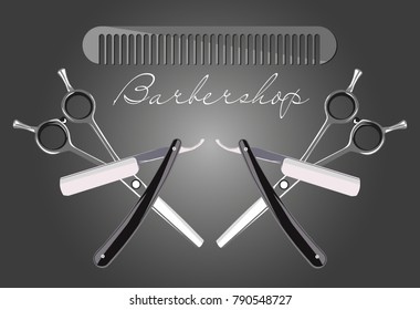 Barber Shop logo, include vintage design elements: mustache, swirls, dividers. Can be used as a header or template for logotypes, labels, cards. Vector illustration