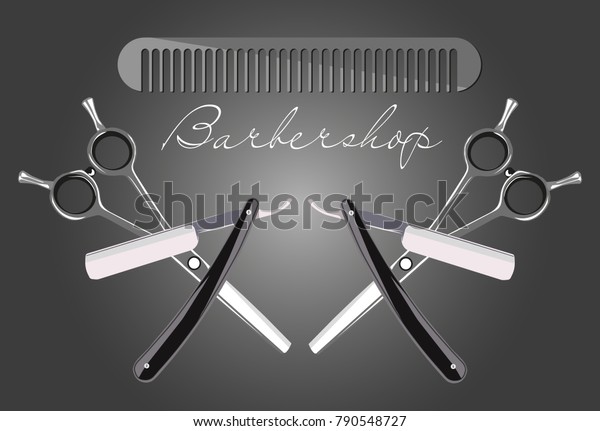 Barber Shop logo,
include vintage design elements: mustache, swirls, dividers. Can be
used as a header or template for logotypes, labels, cards. Vector
illustration