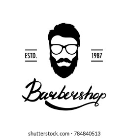 Barber Shop logo or label. Portrait of man with beard and mustache. Hipster face. Lettering vector illustration.