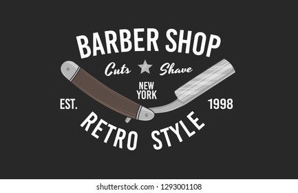 Barber shop logo, label. Barber shop logo with barber razor blade isolated on black background. Vintage poster. Retro print for typography. Vector template