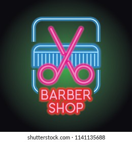 barber shop logo with with neon light effect, vector illustration