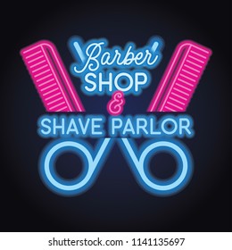 barber shop logo with with neon light effect, vector illustration